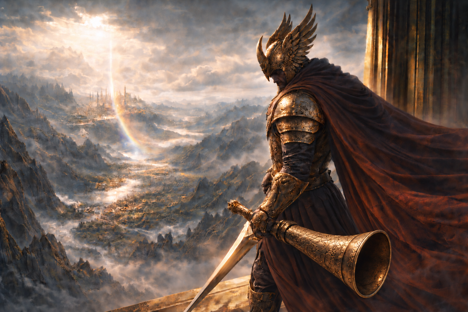A wing-helmed guardian overlooking a misty Nordic valley